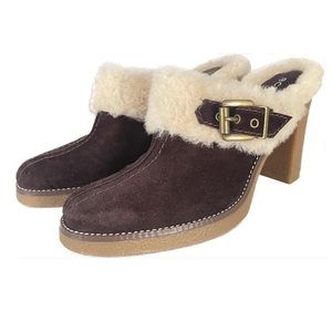 BCBG Fur Lined Brown Suede Chunky Heeled Bootie  Clogs. Size 6.5